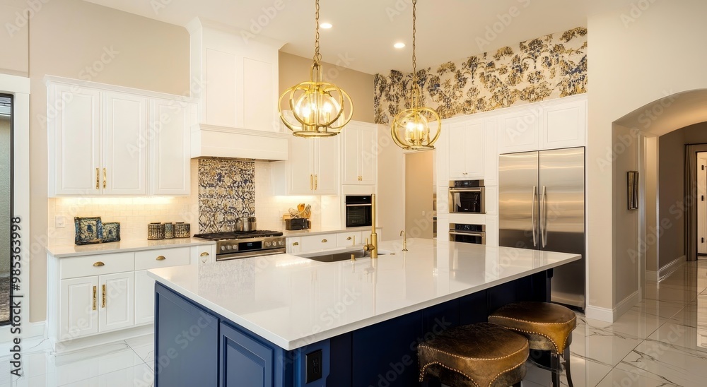 Fototapeta premium Modern kitchen with white cabinets, blue island, and gold accents.