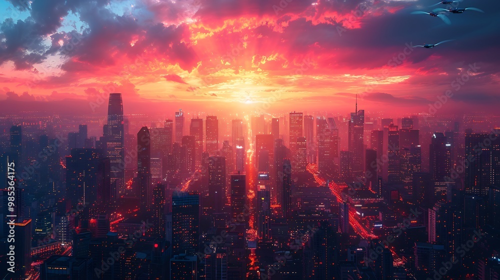 Futuristic cityscape at night with towering skyscrapers neon lights reflecting off glass buildings and flying cars zooming through the sky Futuristic cityscape at night with towering skyscrapers neon lights reflecting off glass buildings and flying cars zooming through the sky