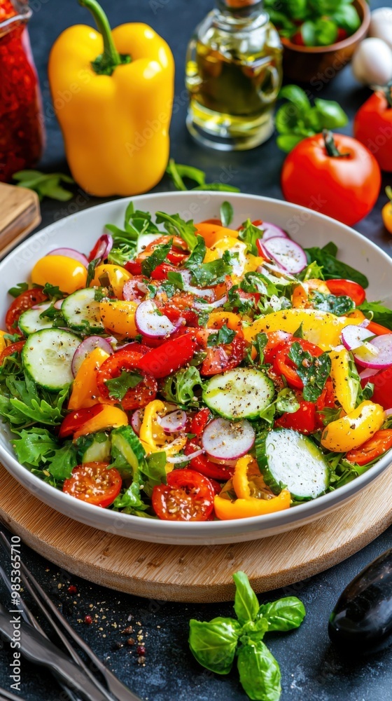 A vibrant salad featuring fresh vegetables, herbs, and colorful ingredients on a wooden board, perfect for a healthy meal. A vibrant salad featuring fresh vegetables, herbs, and colorful ingredients on a wooden board, perfect for a healthy meal.