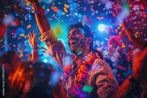 South Asian man dances in nightclub surrounded by young people celebrating, confetti, streamers creating vibrant atmosphere. Colorful lights brighten lively party scene. photo