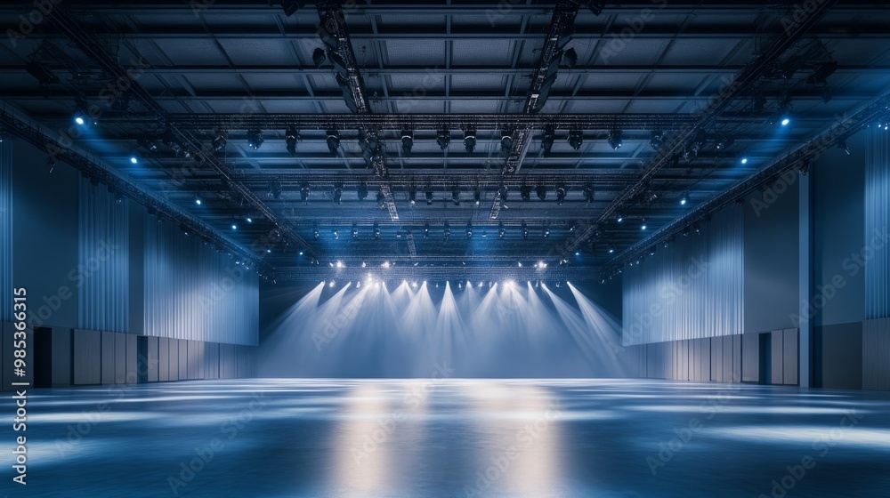 An empty event space with blue lighting and smooth flooring, set up for possible performances or gatherings. An empty event space with blue lighting and smooth flooring, set up for possible performances or gatherings.