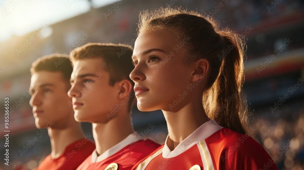 Three young athletes stand in unity, focused and poised, wearing red jerseys in a vibrant stadium setting, ready for competition. Three young athletes stand in unity, focused and poised, wearing red jerseys in a vibrant stadium setting, ready for competition.