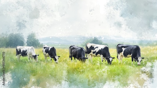 Watercolor Painting of Cows Grazing in a Field