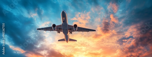 Airplane flying through colorful clouds during sunrise.