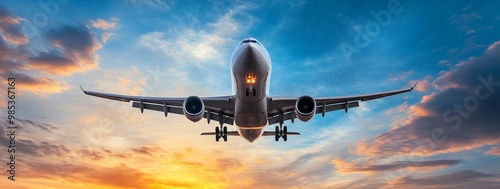 Airplane landing in a dramatic sunset sky.