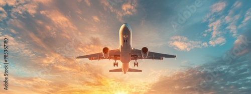 Airplane flying through the clouds at sunset.