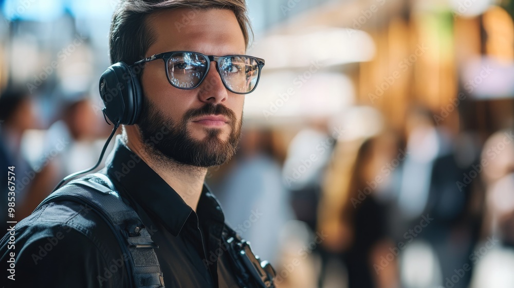 A focused young man wearing glasses and headphones in a bustling urban environment, exuding an air of concentration and style. A focused young man wearing glasses and headphones in a bustling urban environment, exuding an air of concentration and style.