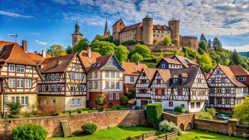 Medieval town of B?dingen with half-timbered houses and picturesque castle surrounded by a medieval wall photo