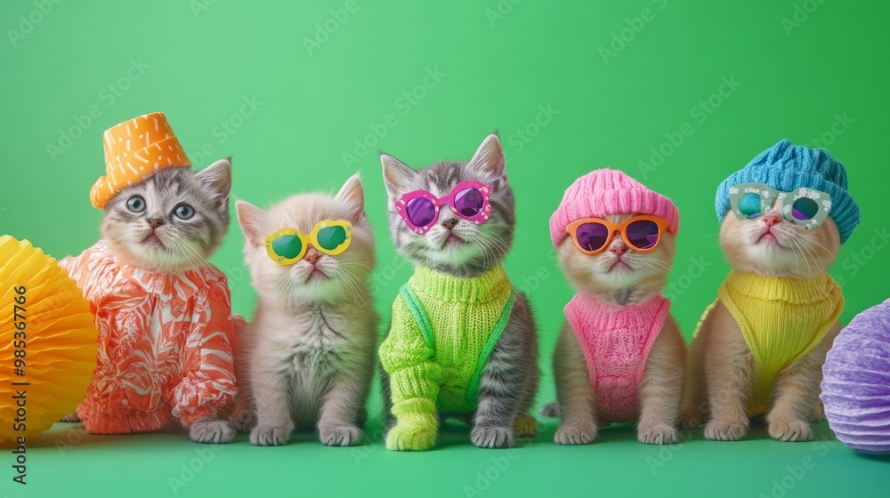 Group of Scottish Fold kittens in bright, quirky outfits on a neon green background with party props and plenty of space for text.