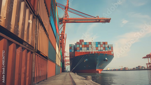 Large cargo ship docked at empty port with stacked containers and idle cranes, symbolizing port strike and industrial tension