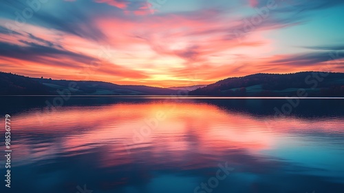 Generative AI Image of Tranquil Empty Lake River with Nature Tropical Forest at Sunset Sunrise Sky