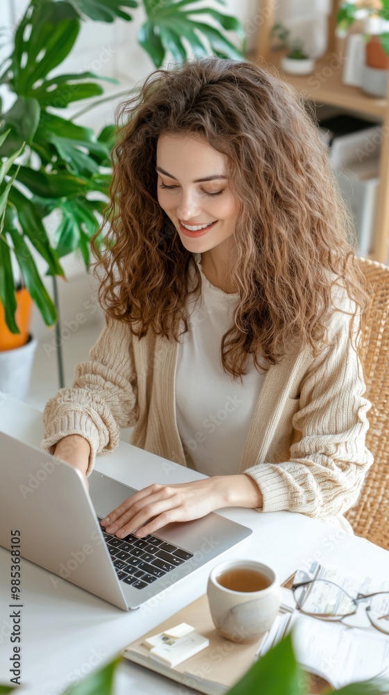 Fototapeta premium A woman sits at a desk, typing on a laptop, surrounded by indoor plants and enjoying a warm beverage.