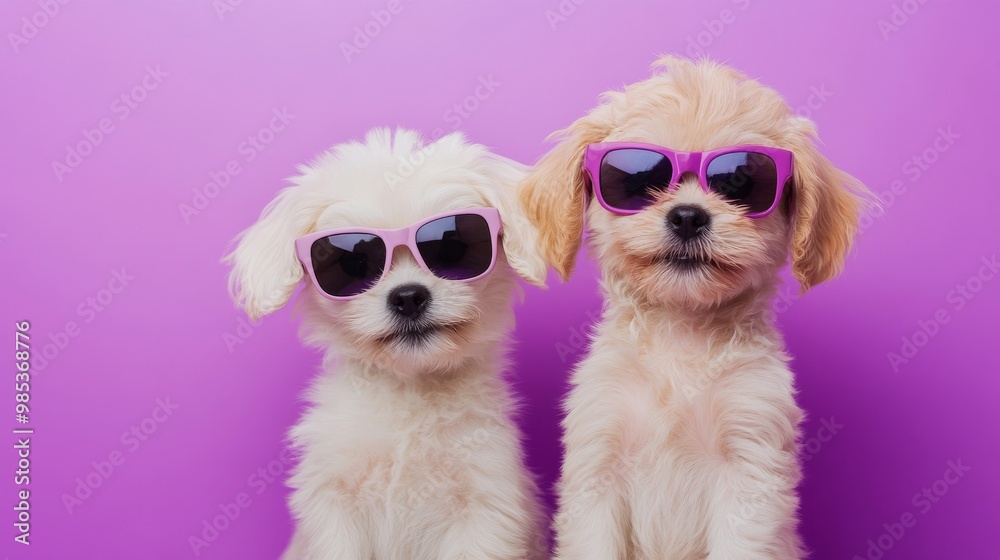 Obraz premium Puppies in stylish sunglasses on a bold purple background, perfect for commercial or social media content with room for text