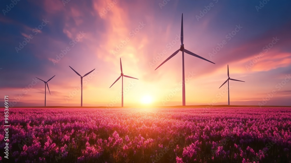 Wind Turbines Sunset Field of Flowers Renewable Energy Wind Turbines Sunset Field of Flowers Renewable Energy