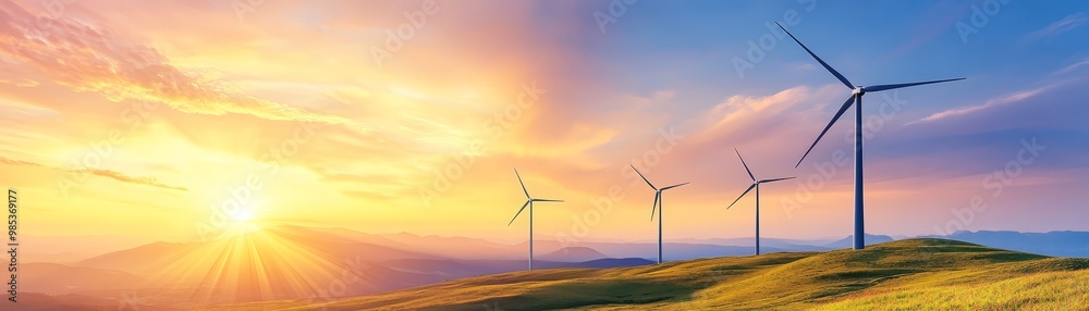 Fototapeta premium Wind Turbines in the Sunset Landscape with Mountains
