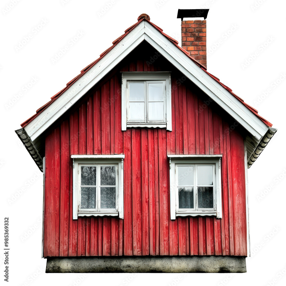 Charming red house with white roof against bright background Charming red house with white roof against bright background