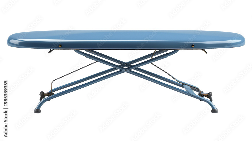 blue ironing board with a metal frame is shown