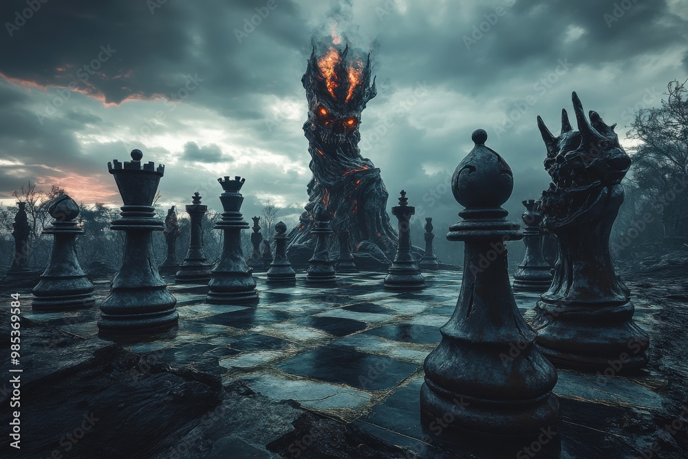 A dark and ominous chessboard with a large, fiery tree in the middle A dark and ominous chessboard with a large, fiery tree in the middle