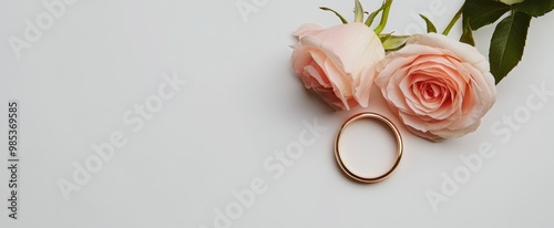 A gold wedding band lies beside two peach roses on a white background.