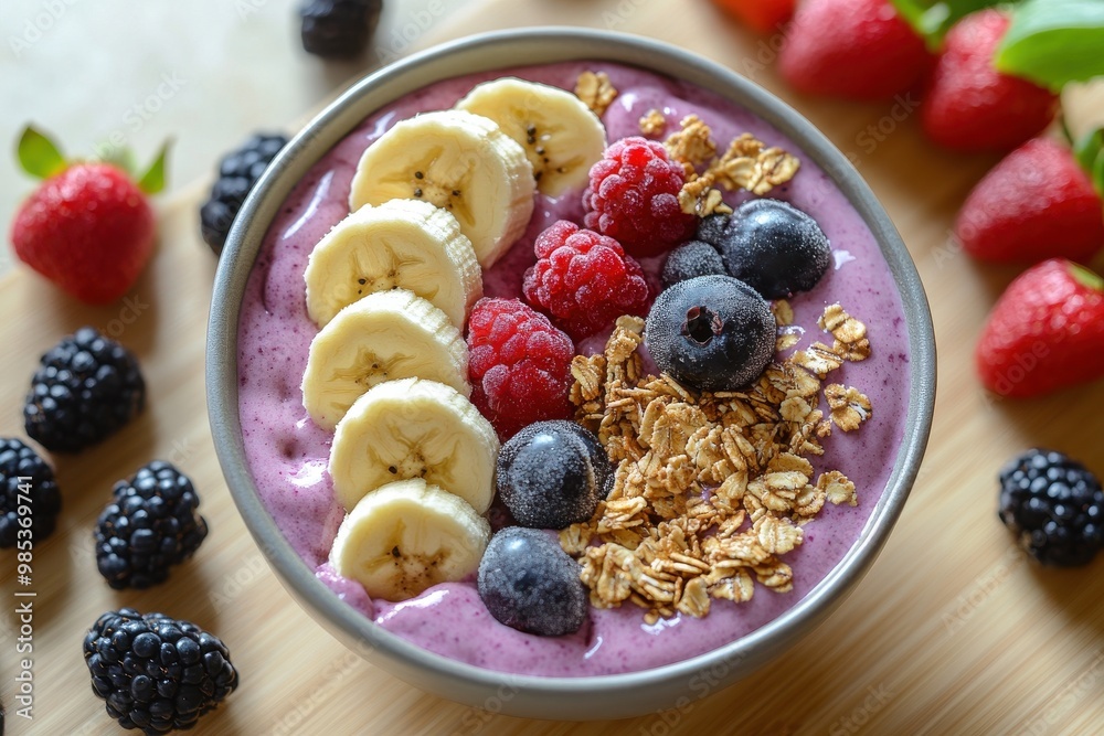 A bowl of fruit with bananas, blueberries, and oatmeal A bowl of fruit with bananas, blueberries, and oatmeal