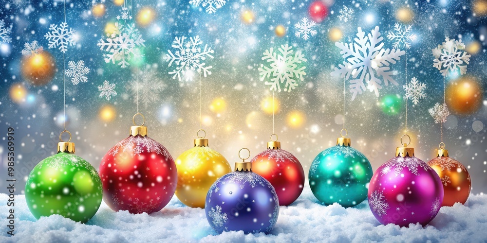 Festive Christmas background with colorful balls, snowflakes and snowfall, holiday, celebration, decorations, festive, winter, ornaments Festive Christmas background with colorful balls, snowflakes and snowfall, holiday, celebration, decorations, festive, winter, ornaments