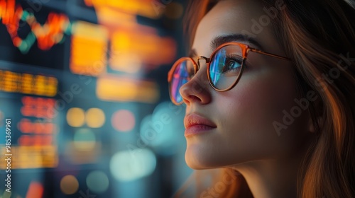 Woman Looking at Stock Market Data on Screen