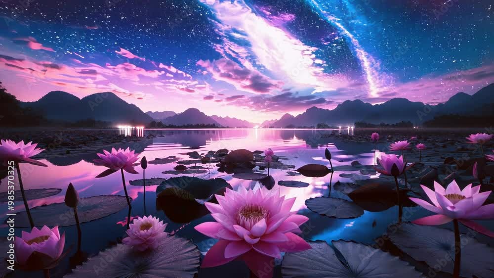Serene Night Over Lotus Flowers and Distant Mountains Serene Night Over Lotus Flowers and Distant Mountains
