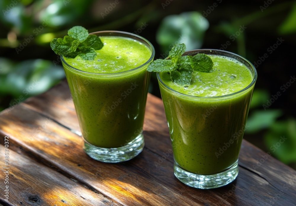 Two glasses of green smoothie with fresh mint garnish on a wooden table. Two glasses of green smoothie with fresh mint garnish on a wooden table.