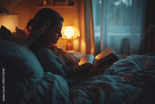 Cozy Evening Reading: Woman in Bed with Book, Lamp Light, Warm Ambiance, Relaxing Night, Home Comfort photo