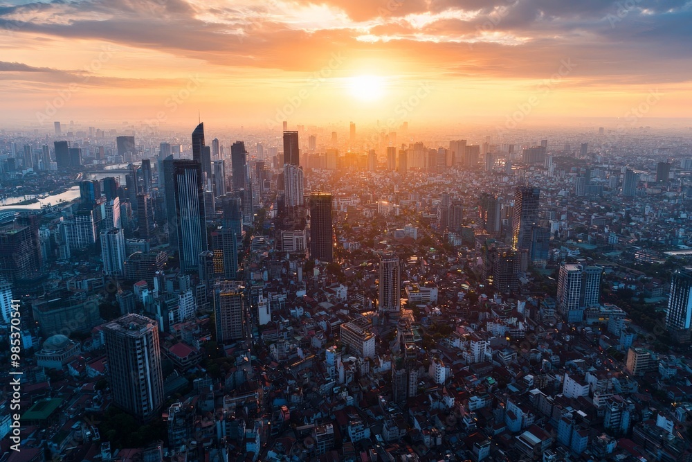 Fototapeta premium A bird's-eye view of Jakarta's sprawling cityscape at sunset, with high-rise buildings blending with traditional neighborhoods