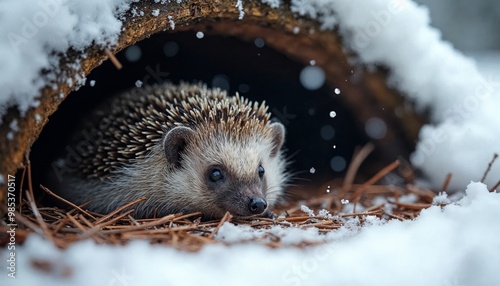 Cute hedgehog hibernating in its winter nest under a snowfall photo