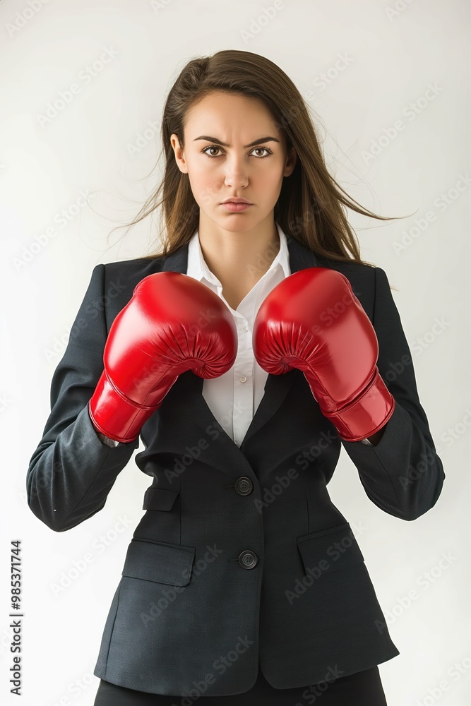 Young businesswoman in boxing concept. Stands confidently with briefcase in one hand, boxing glove in. Expression fierce, determined, conveying sense of strength, power. Background blurred corporate Young businesswoman in boxing concept. Stands confidently with briefcase in one hand, boxing glove in. Expression fierce, determined, conveying sense of strength, power. Background blurred corporate