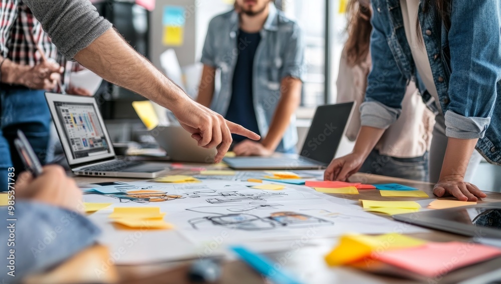 © adri - Business team collaborating over a project on a table with sticky notes and laptops. © adri - Business team collaborating over a project on a table with sticky notes and laptops.
