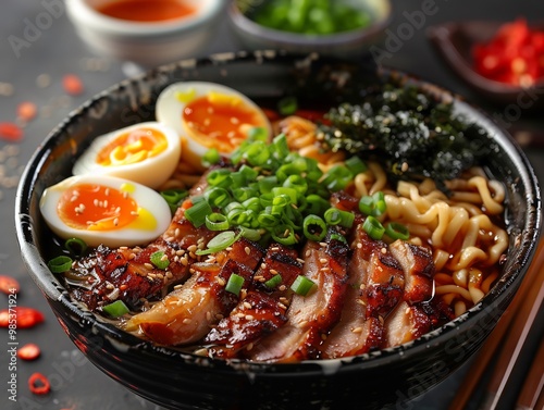 Highangle shot of a delicious bowl of ramen topped with softboiled eggs sliced pork seaweed and green onions with chopsticks on the side