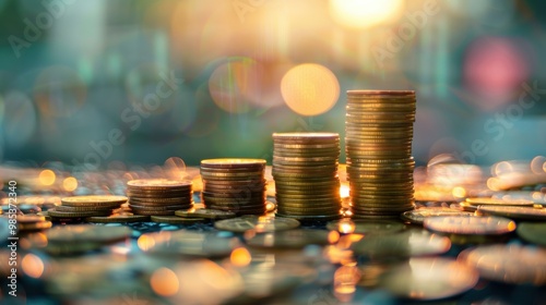 A stack of coins on a table with a blurry background