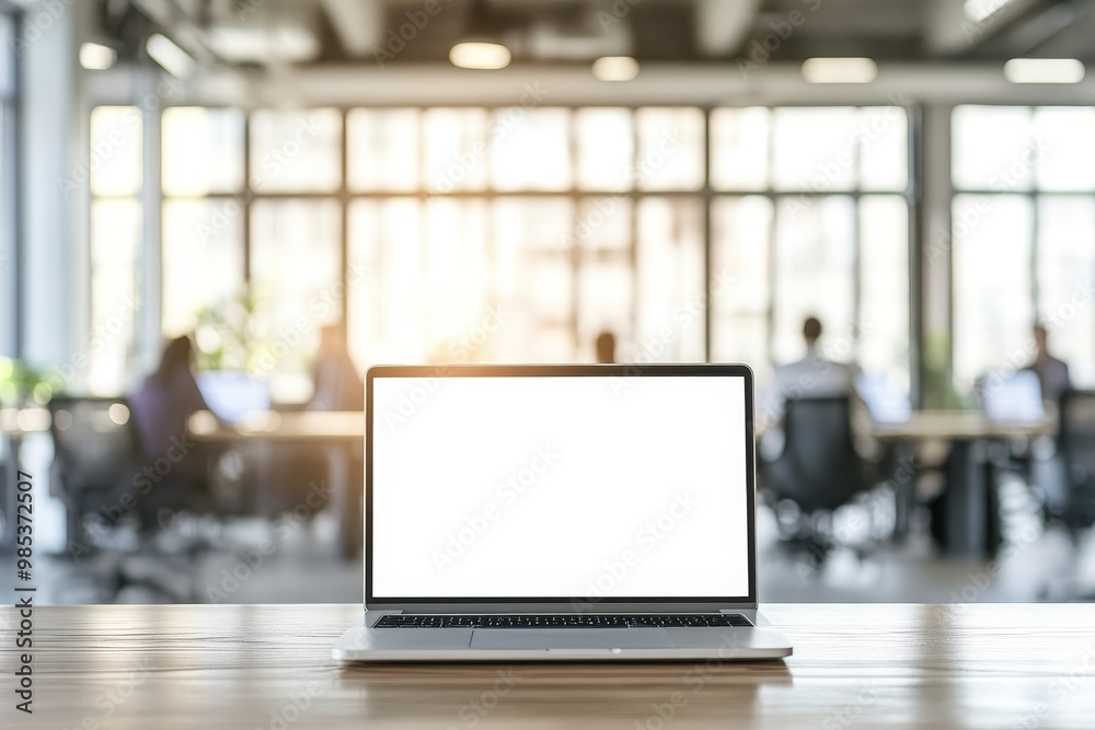 Open Laptop with White Screen on Wooden Table in Blurred Office. Open Laptop with White Screen on Wooden Table in Blurred Office.