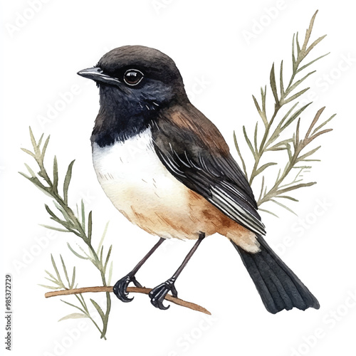 Pied Bushchat  watercolor clipart illustration isolated