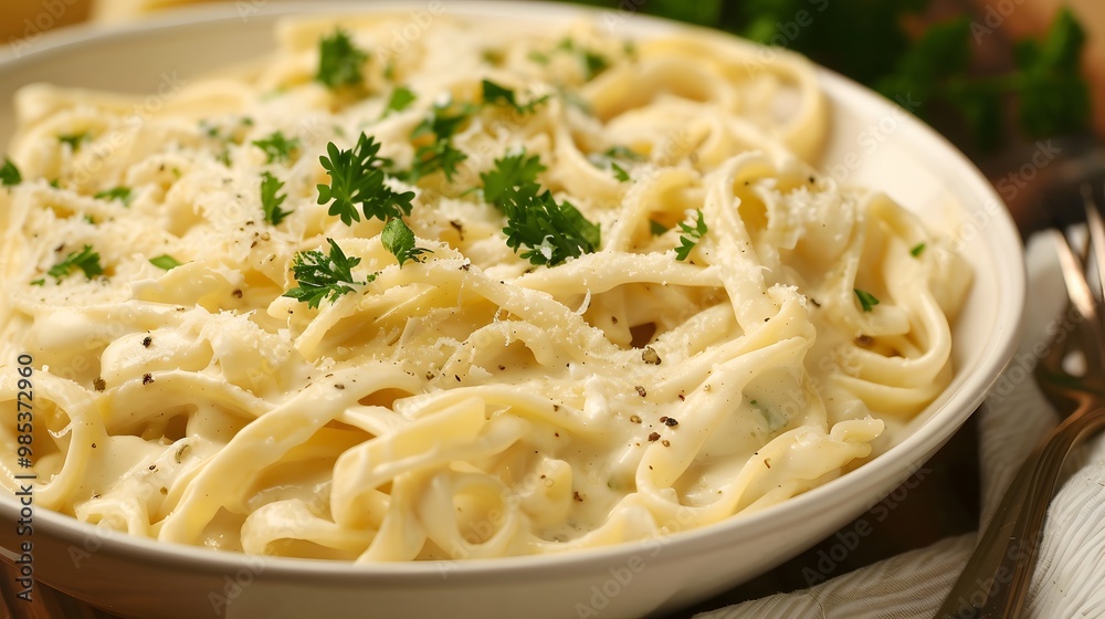 A bowl of creamy fettuccine Alfredo with a rich, velvety sauce. Garnished with fresh parsley and a sprinkle of grated Parmesan, the dish looks indulgent and comforting. A bowl of creamy fettuccine Alfredo with a rich, velvety sauce. Garnished with fresh parsley and a sprinkle of grated Parmesan, the dish looks indulgent and comforting.