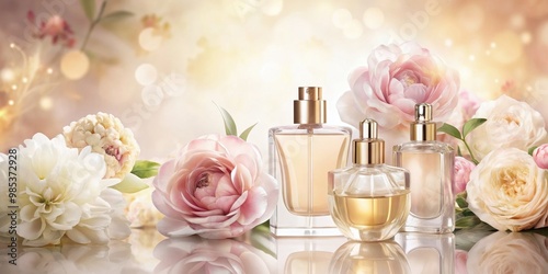 Elegant perfume bottles with soft floral watercolor background in neutral tones, conveying luxury and femininity, luxury