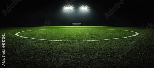 Illuminated soccer field at night with a goal, center circle, and floodlights.