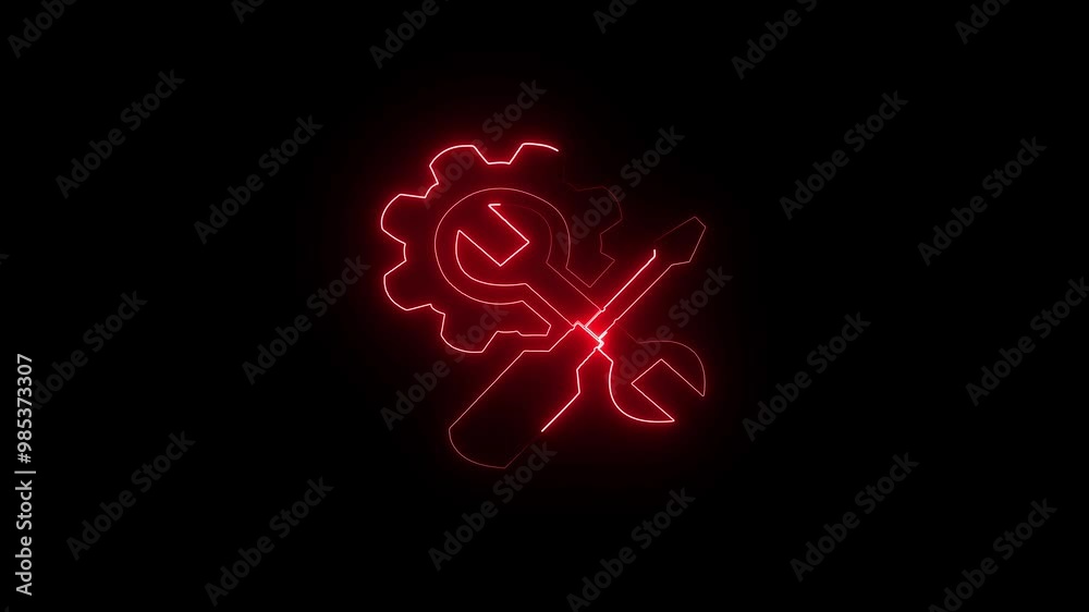 Abstract neon setting icon, Cogwheel with wrench spanner symbol animation. Animated Icon for mechanic maintenance, workshop repair tool. Or web preference setting, on black background. Abstract neon setting icon, Cogwheel with wrench spanner symbol animation. Animated Icon for mechanic maintenance, workshop repair tool. Or web preference setting, on black background.