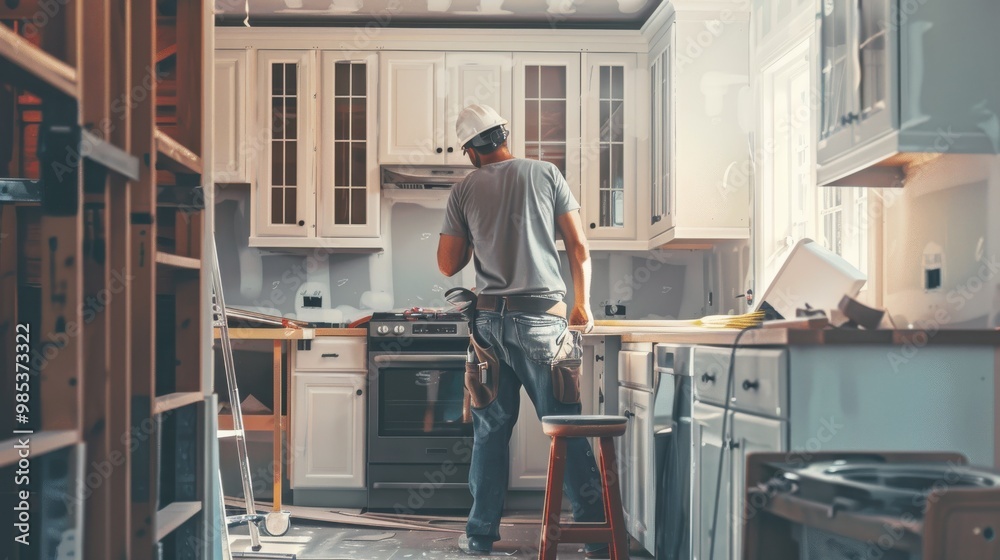 A man in a hard hat stands in a kitchen with a tool belt on A man in a hard hat stands in a kitchen with a tool belt on