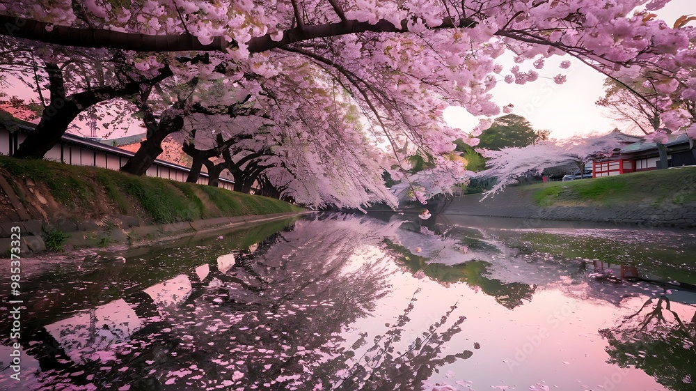 A beautiful view of cherry blossom trees in full bloom during spring, with delicate pink petals covering the branches against a bright blue sky A beautiful view of cherry blossom trees in full bloom during spring, with delicate pink petals covering the branches against a bright blue sky