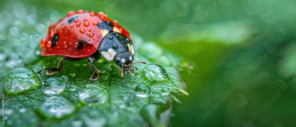 Obraz premium Detailed View of Ladybug on Dewy Leaf