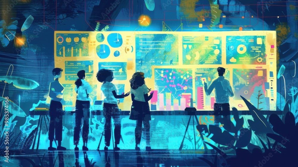 A group of people are looking at a computer screen with a lot of data on it A group of people are looking at a computer screen with a lot of data on it