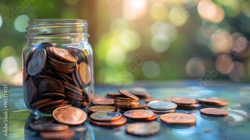 A jar full of coins is on a table