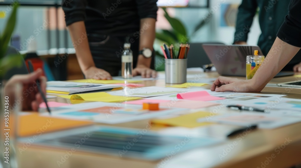 A group of people are gathered around a table with a lot of papers and pens A group of people are gathered around a table with a lot of papers and pens