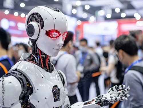 A bustling tech conference in Shenzhen, China, showcasing the latest innovations in robotics, artificial intelligence, and drones