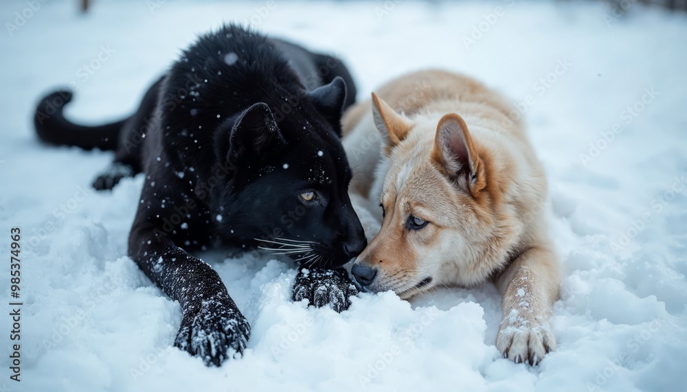 Black and white dogs playing together in the snow, showcasing friendship and joy in a winter landscape Black and white dogs playing together in the snow, showcasing friendship and joy in a winter landscape