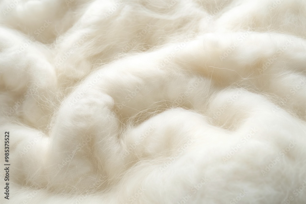 Close-up of soft white wool texture as background. Natural material with fluffy, wavy, and shaggy appearance. Similar to sheepskin or lamb fur. Close-up shot of woolen fabric texture. Close-up of soft white wool texture as background. Natural material with fluffy, wavy, and shaggy appearance. Similar to sheepskin or lamb fur. Close-up shot of woolen fabric texture.